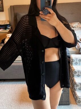 4/$20 - F21 Black Crochet Button Up Sweater Swim Coverup Beach Pool